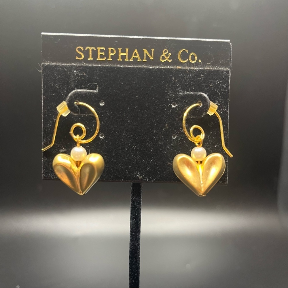 Stephan & Co Gold Tone Heart Drop Earrings | Faux Pearl Accent